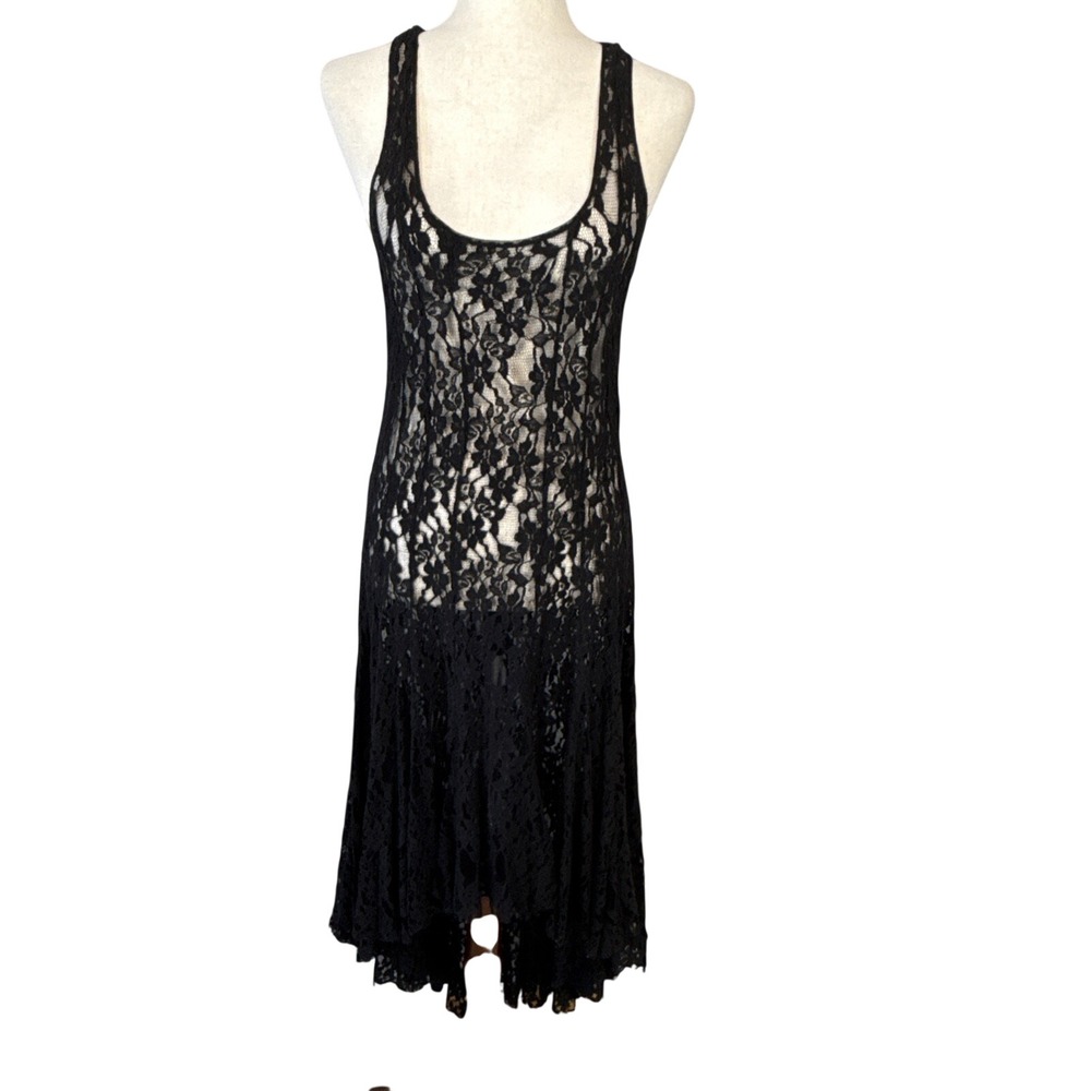 Biya Johnny Was Sheer Black Lace Hi‎ Low Midi Maxi Flare Dress Size M Racerback